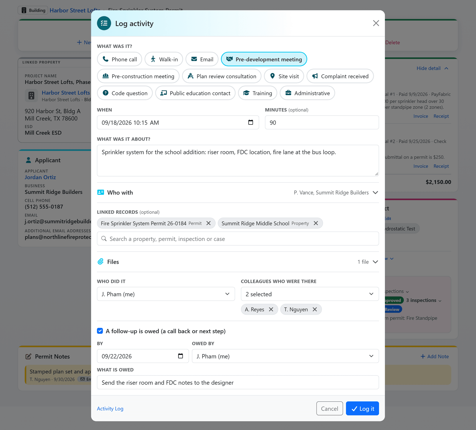 The Log activity window in FireInspection360, filled in for a pre-development meeting: the activity type chips, the date and minutes, the linked permit and property, the summary, the builder's contact, two colleagues who were there and a follow-up with an owner and a due day (sample data)