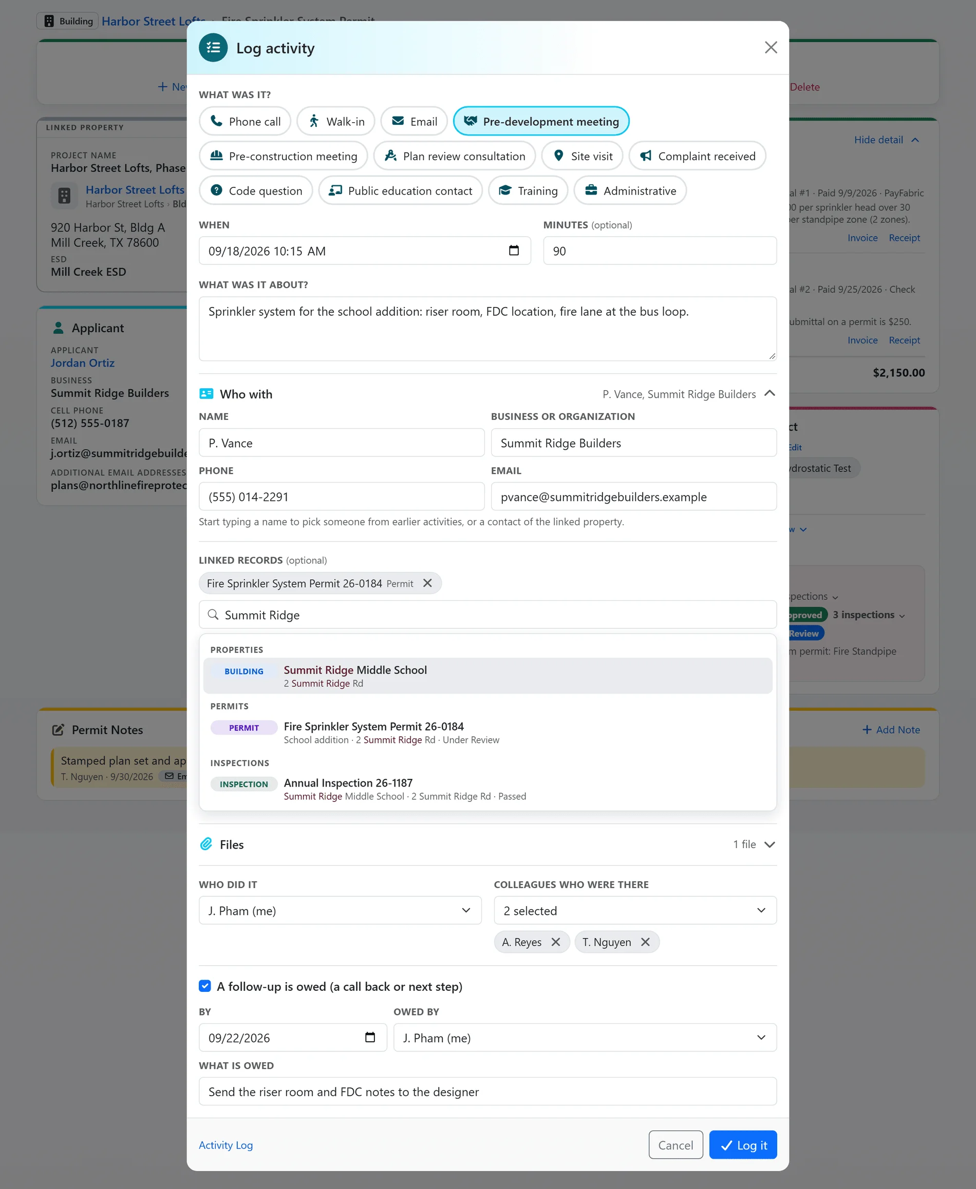 The Log activity window in FireInspection360, filled in for a pre-development meeting: the activity type chips, the date and minutes, the linked permit and property, the summary, the builder's contact, two colleagues who were there and a follow-up with an owner and a due day (sample data)