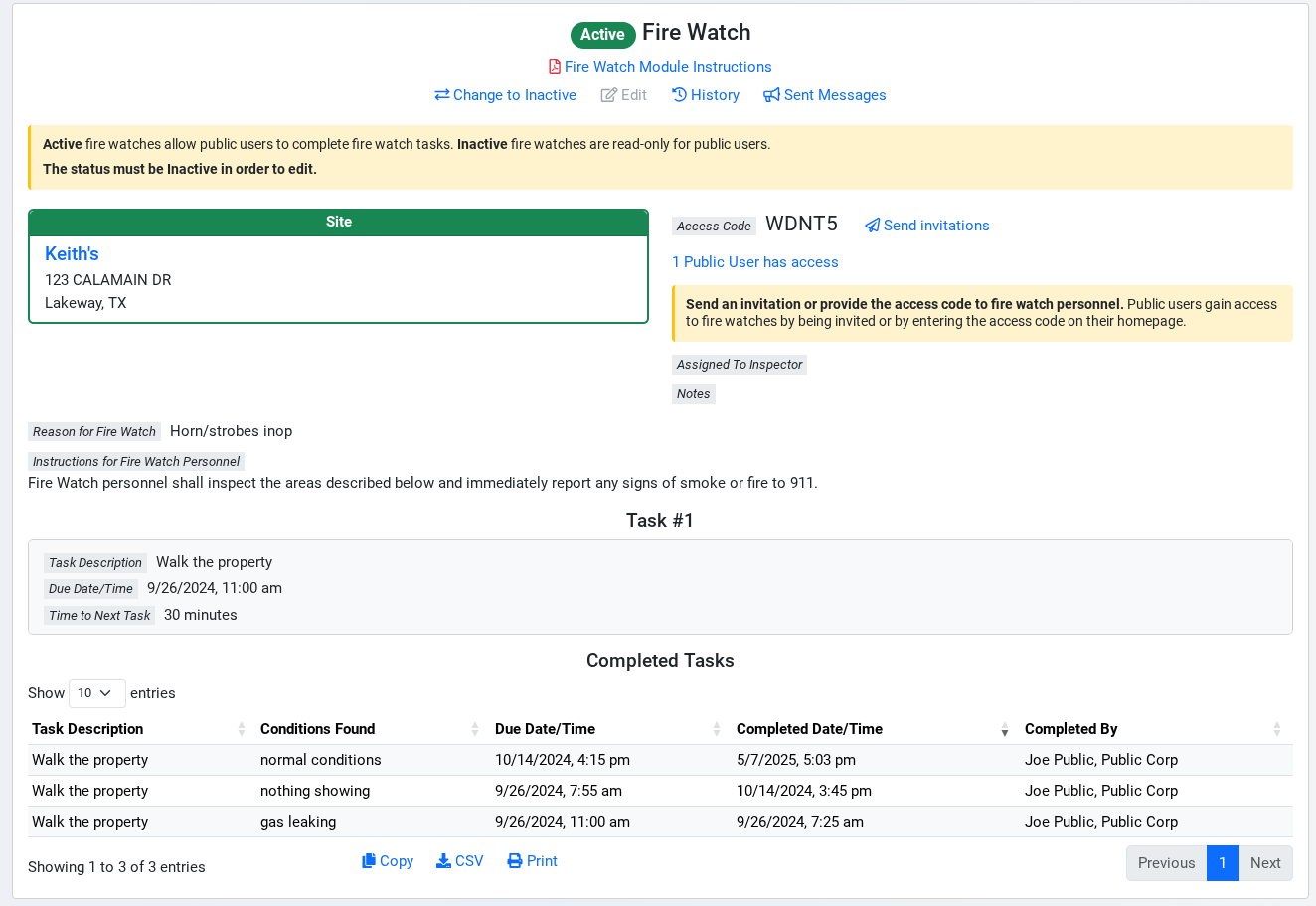 Fire Watch Log screen shot from fireinspection360