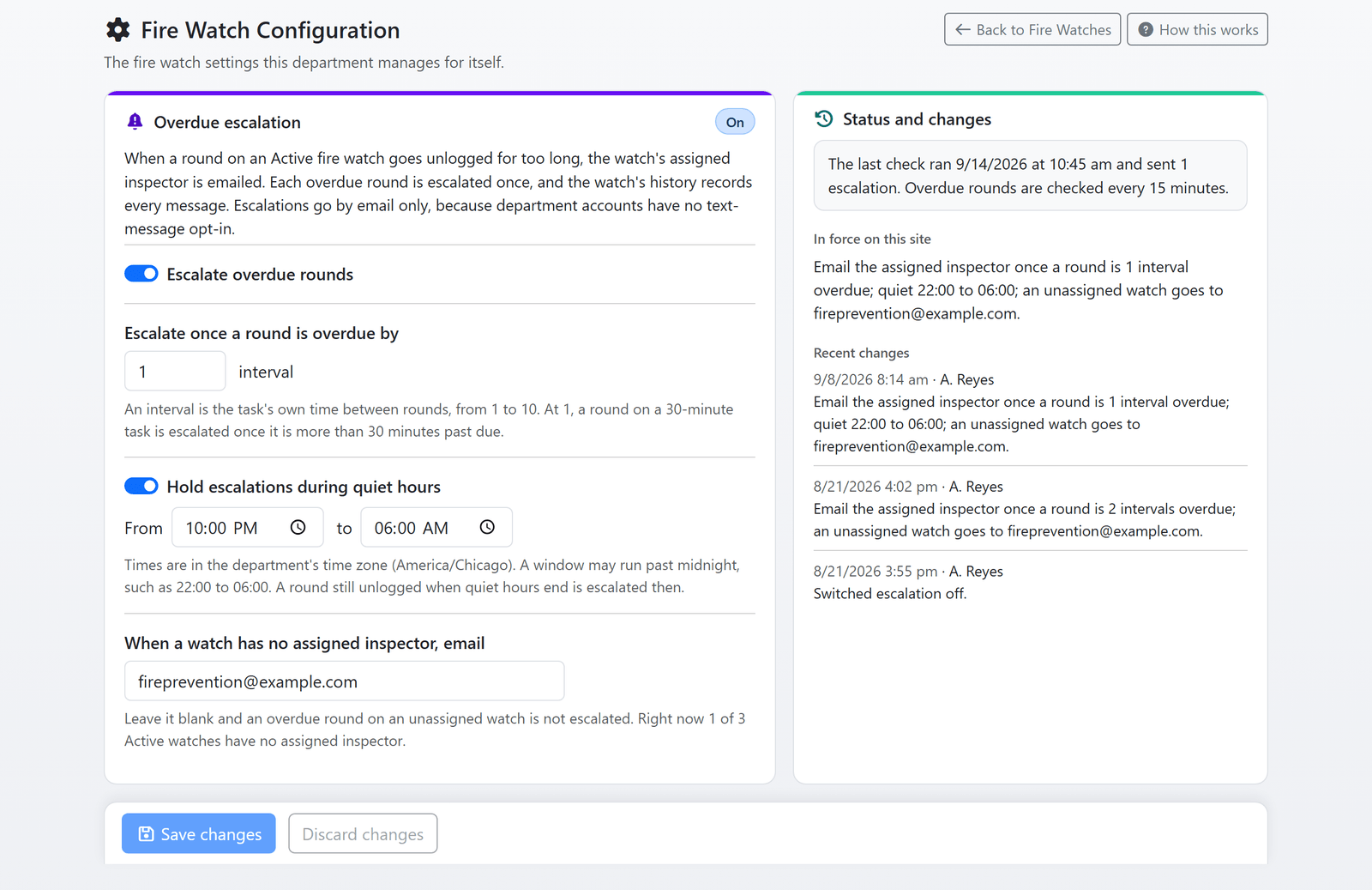 The Fire Watch Configuration page: overdue escalation switched on, escalating one interval past due, quiet hours from 22:00 to 06:00, a fallback address for unassigned watches and the result of the last check (sample data)