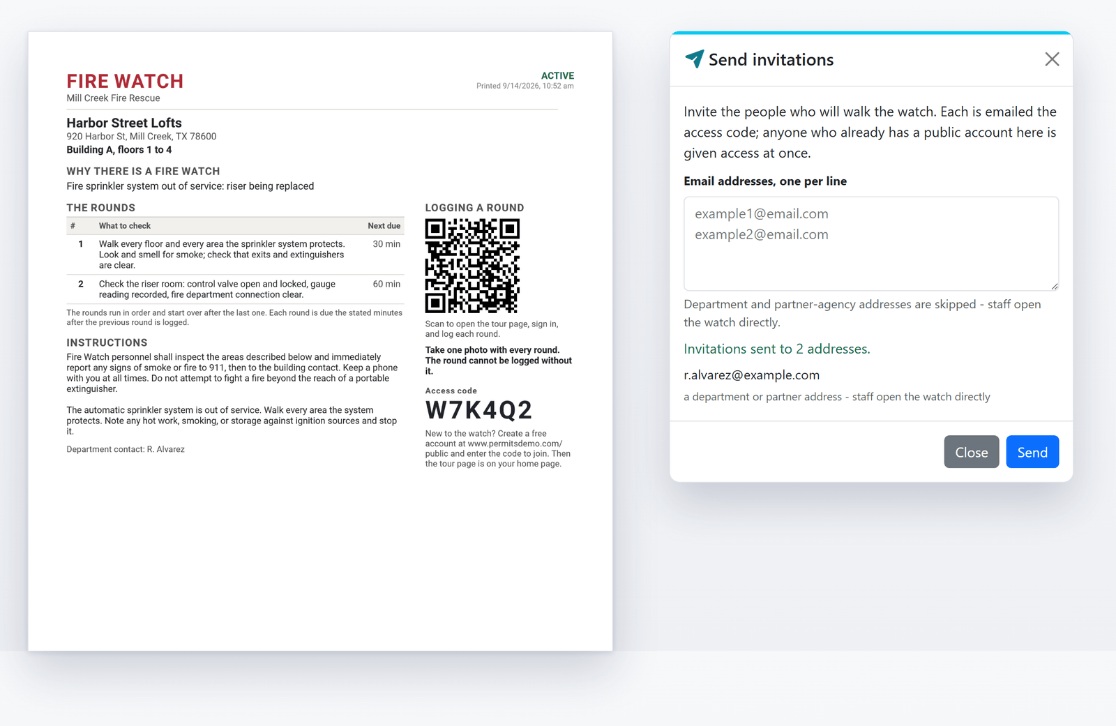 The printed fire watch handout for Harbor Street Lofts, with the rounds, the instructions, a QR code to the tour page and the access code, beside the Send invitations dialog (sample data)