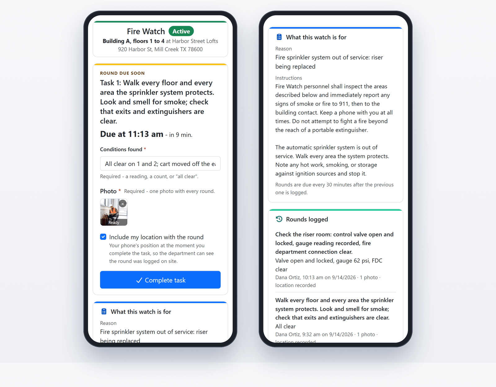 The tour page on a phone: the round due in nine minutes, the conditions found, the required photo, the location switch and the Complete task button, with the watch's instructions and the rounds already logged (sample data)