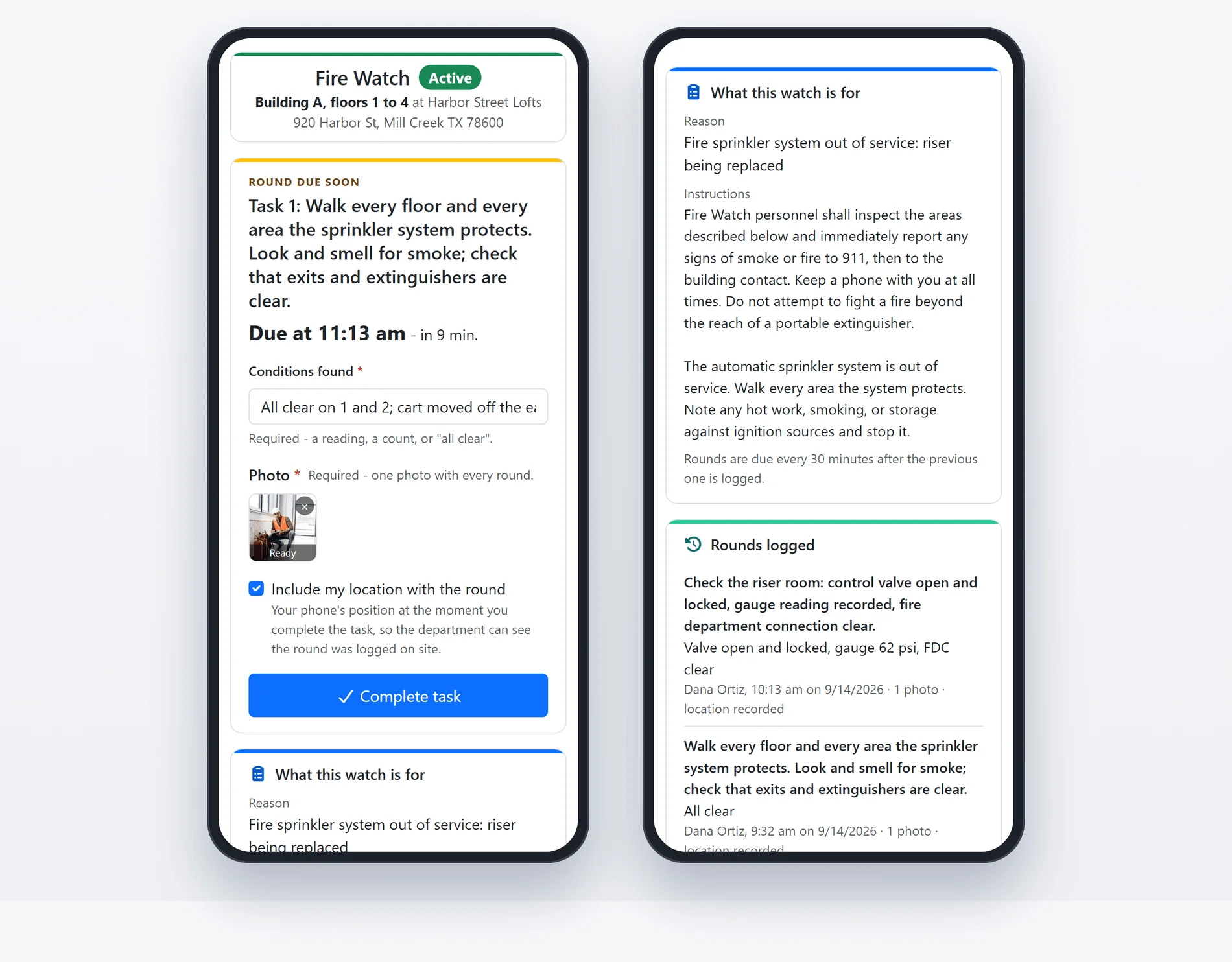 The tour page on a phone: the round due in nine minutes, the conditions found, the required photo, the location switch and the Complete task button, with the watch's instructions and the rounds already logged (sample data)