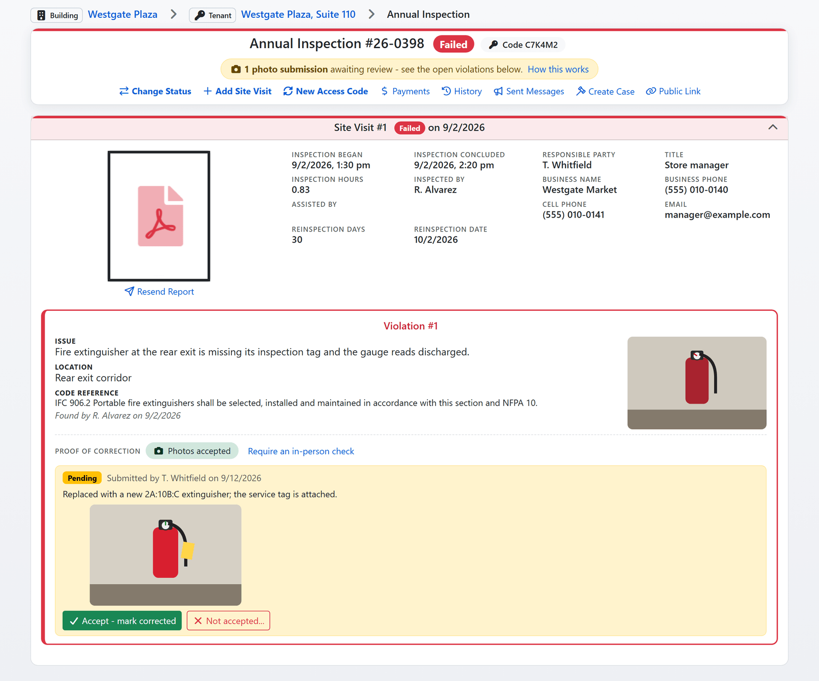 A failed inspection's record in FireInspection360: the access code on the header, one photo submission awaiting review, and an open violation with the business's photo and the Accept and Not accepted buttons (sample data)