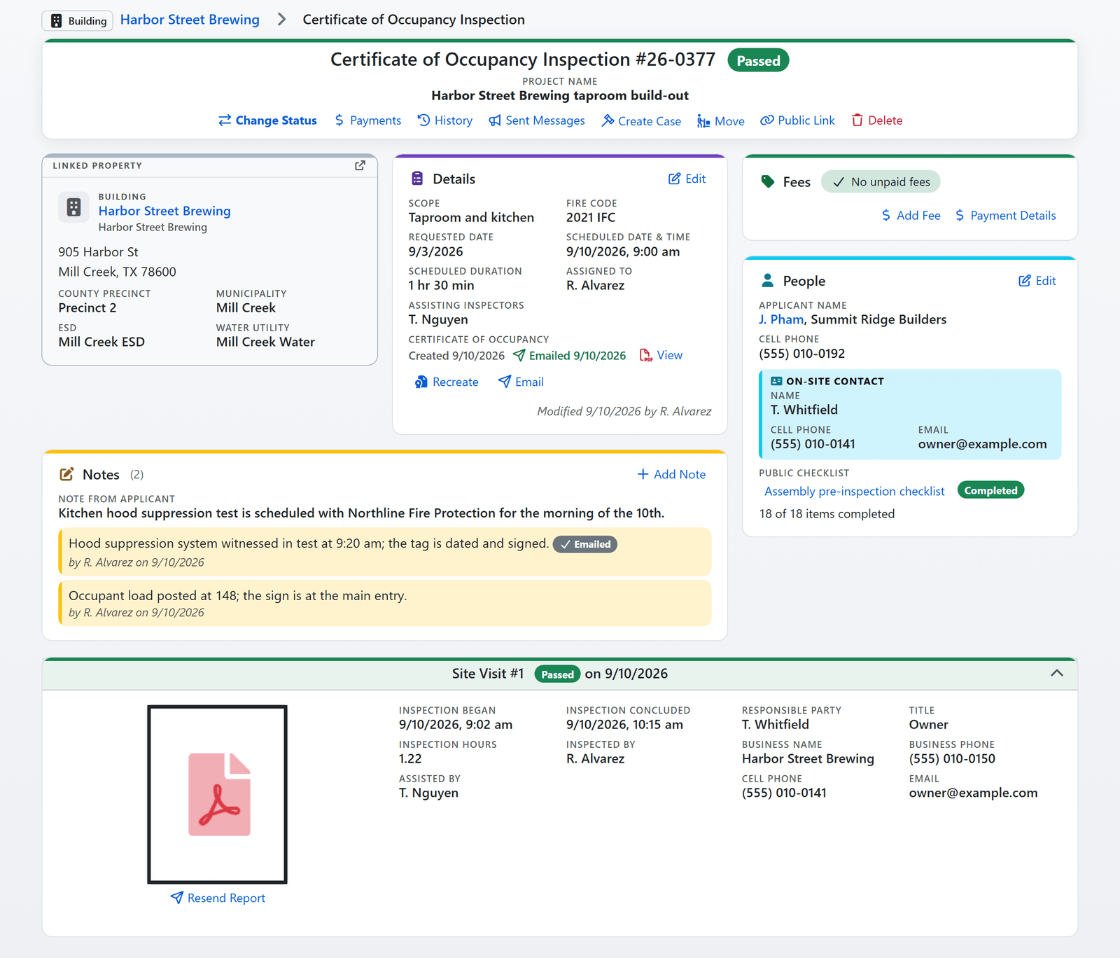 A passed certificate of occupancy inspection in FireInspection360: the linked property, the details with the emailed certificate, fees with nothing unpaid, the applicant and on-site contact, notes, and the site visit with its report (sample data)