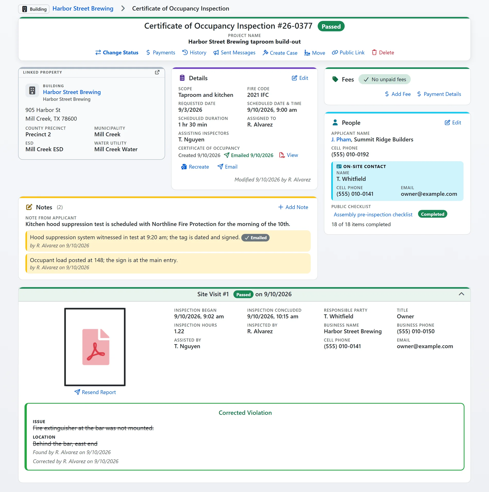 A passed certificate of occupancy inspection in FireInspection360: the linked property, the details with the emailed certificate, fees with nothing unpaid, the applicant and on-site contact, notes, and the site visit with its report (sample data)