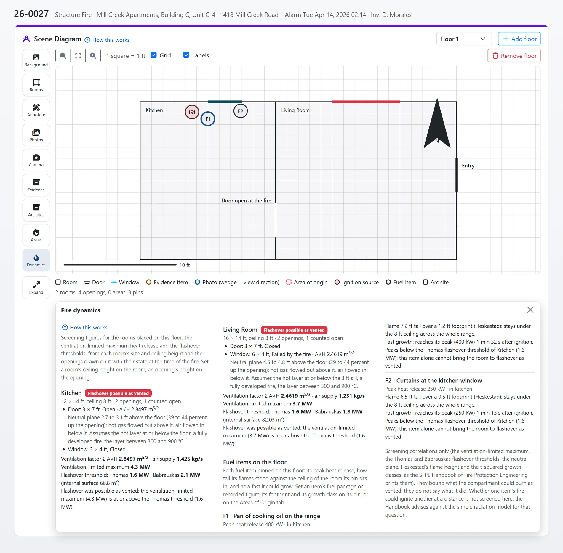 The Dynamics panel enlarged: per-room ventilation factor, ventilation-limited maximum, Thomas and Babrauskas thresholds, neutral planes, and each fuel item's flame height and growth timing (sample data)
