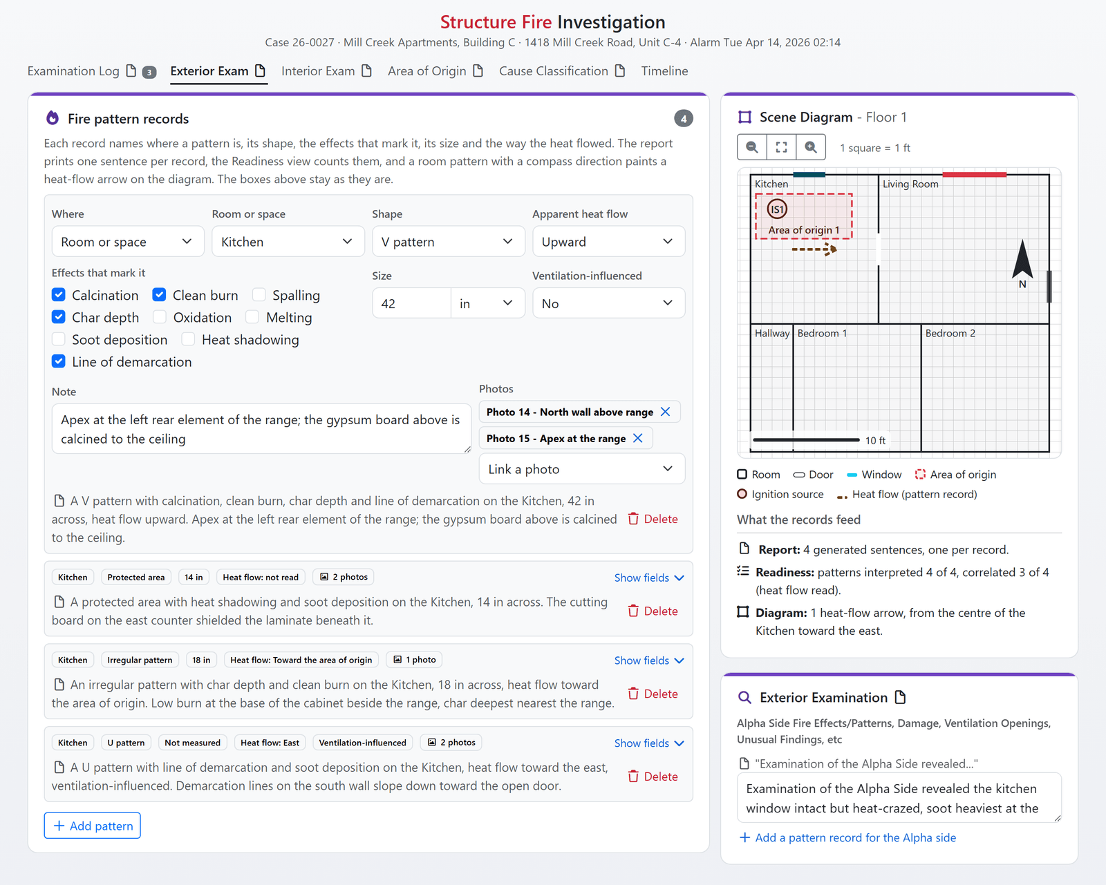 Structured fire pattern records in FireInspection360 with generated sentences and a heat-flow arrow on the sketch (sample data)