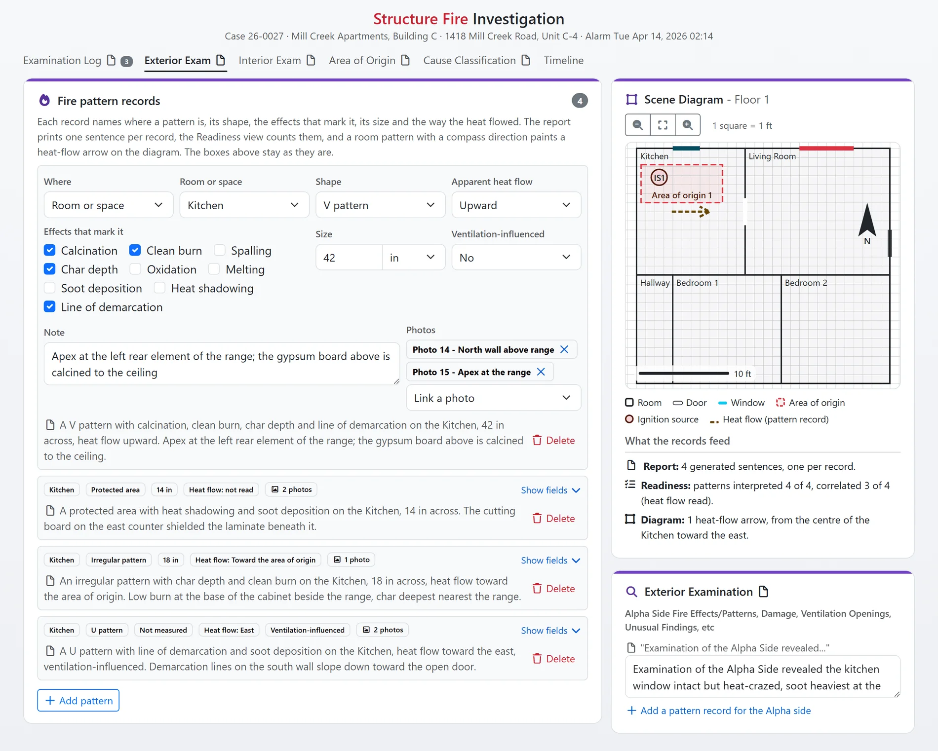 The fire pattern card enlarged: pattern rows with shape, indicators, direction and place, the generated sentences, and the kitchen inset with its heat-flow arrow (sample data)