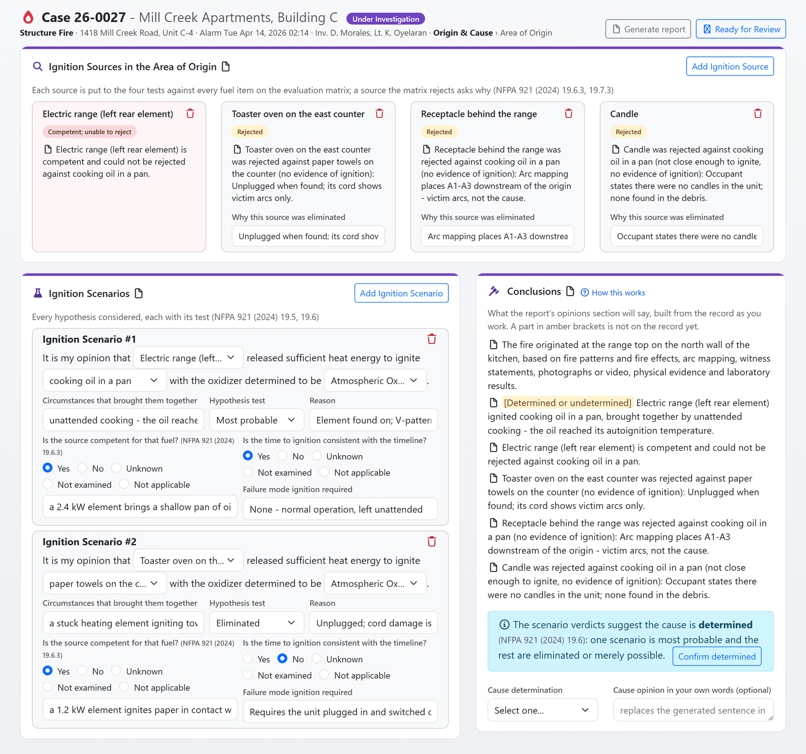 Ignition sources considered and eliminated, ignition scenarios with the NFPA 921 19.6.3 questions and verdicts, and the conclusions card with generated origin and cause sentences (sample data)