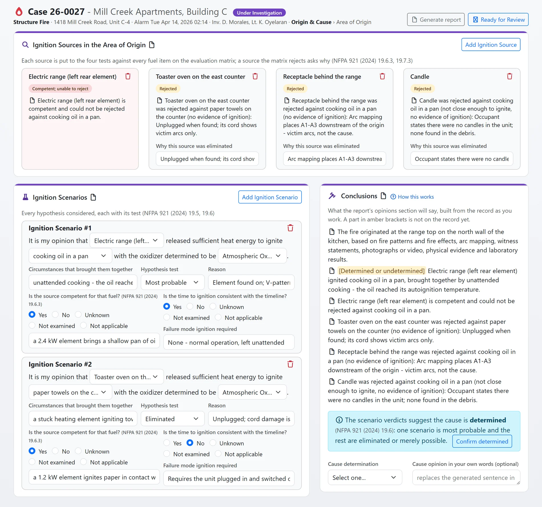The Area of Origin pane enlarged: ignition sources with their matrix verdicts and elimination bases, scenario cards with the 19.6.3 questions, and the conclusions card with the suggested determination and generated sentences (sample data)