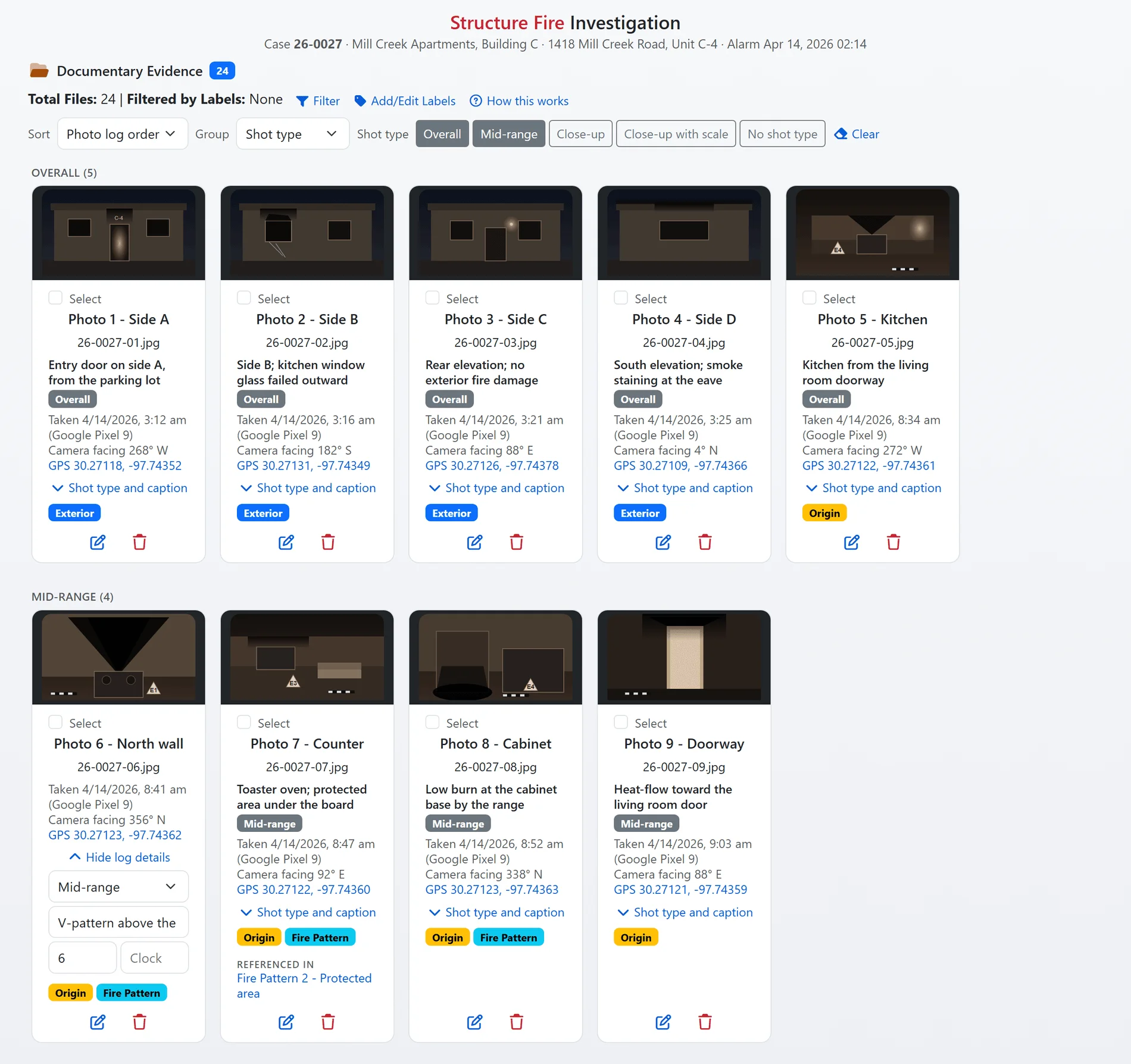 The photo log on the Documentary Evidence tab, enlarged: the order, group and shot-type controls and the numbered photo cards with their capture lines (sample data)