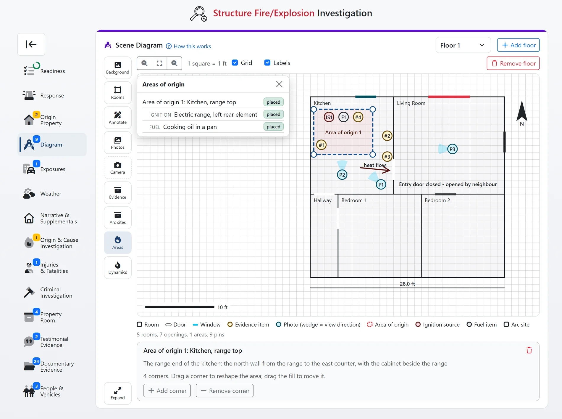 The scene sketch tab in FireInspection360, enlarged: the tool strip, floor selector, grid, rooms, openings, area of origin, pins, annotations, north arrow and scale bar (sample data)