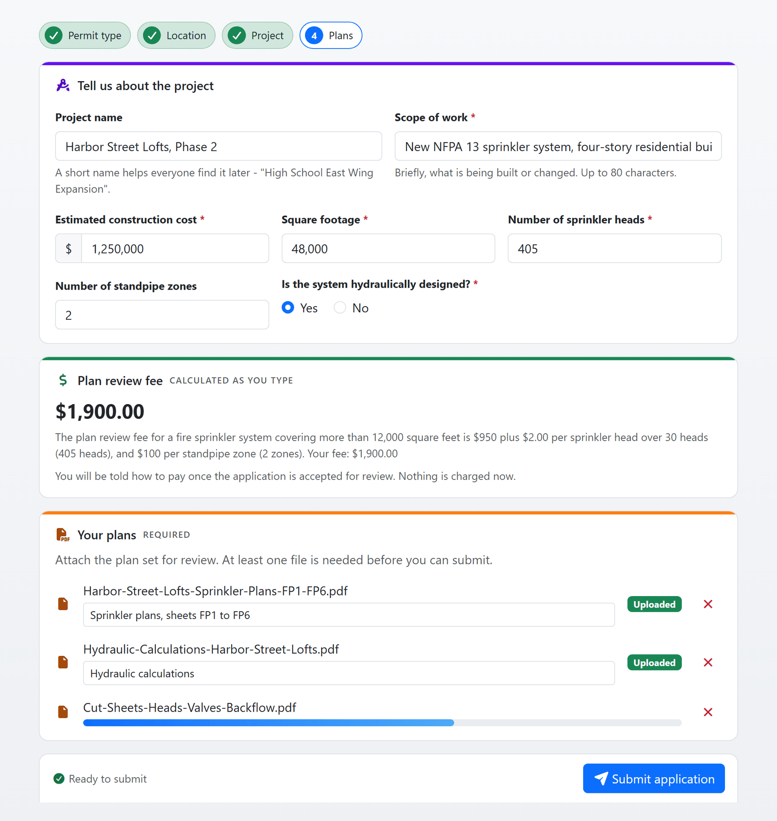 The public construction permit application, part way through: the project quantities entered, the plan review fee calculated from them, and the plan set uploading (sample data)