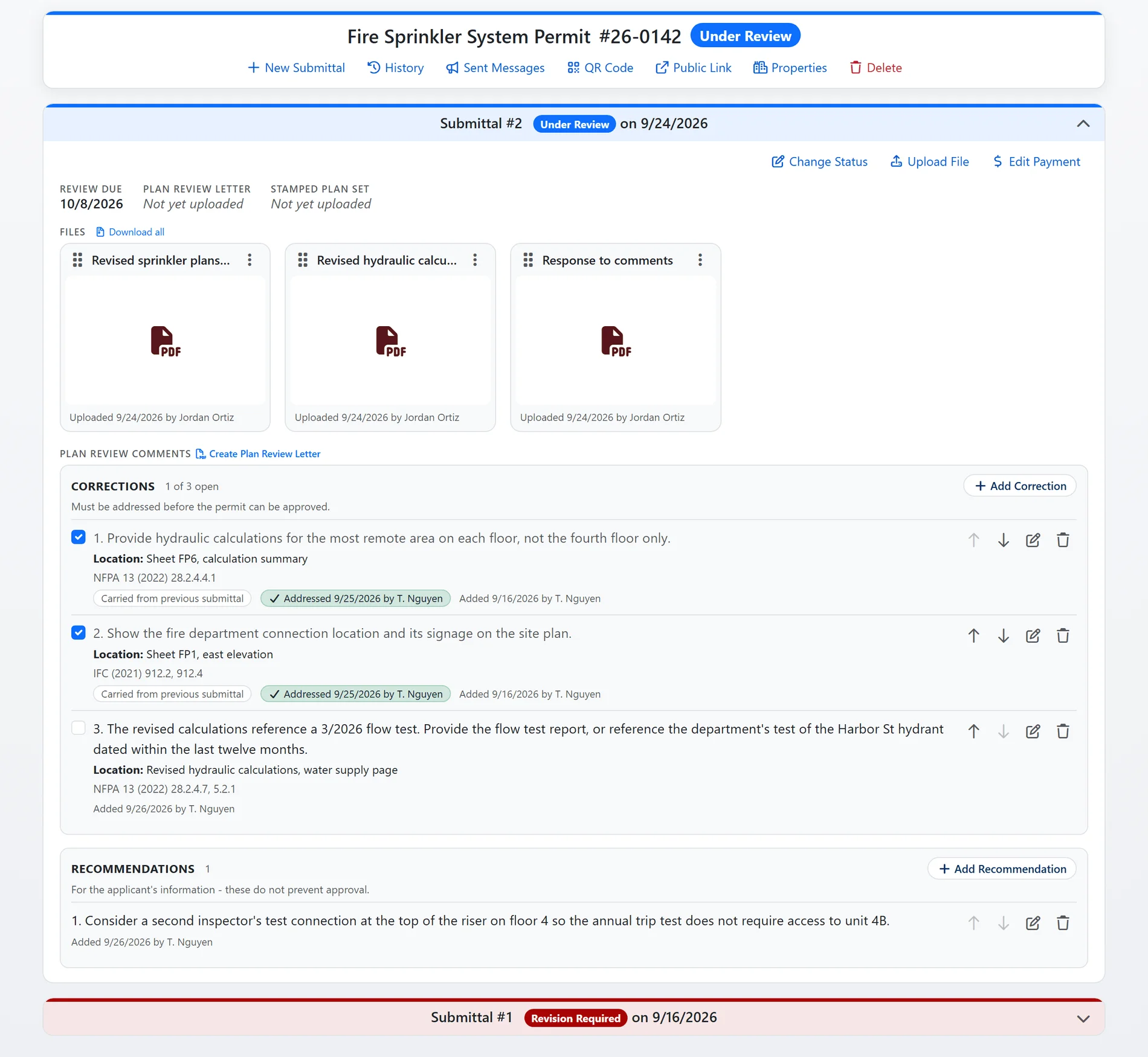 A permit's second submittal on the record page: the revised files, then the plan review comments, two corrections carried from the first round and marked addressed, one new correction still open, and a recommendation (sample data)