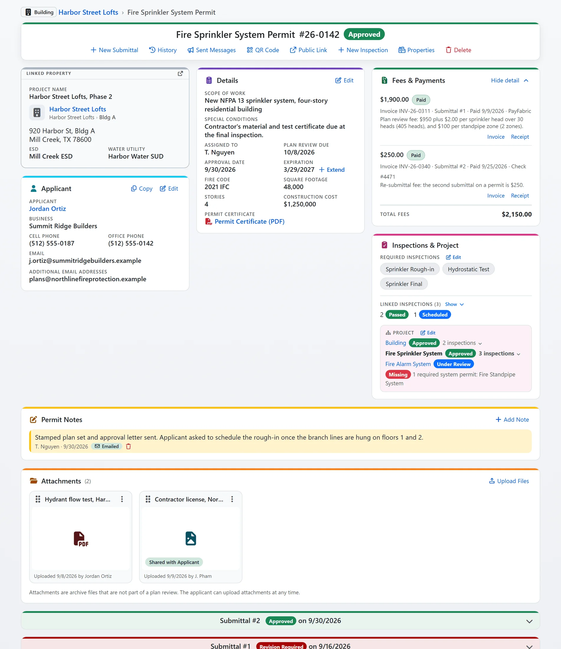 An approved permit's record page: the linked property, details, fees and payments with two paid invoices, required and linked inspections with a project tree of related permits, the applicant, a note, and attachments (sample data)