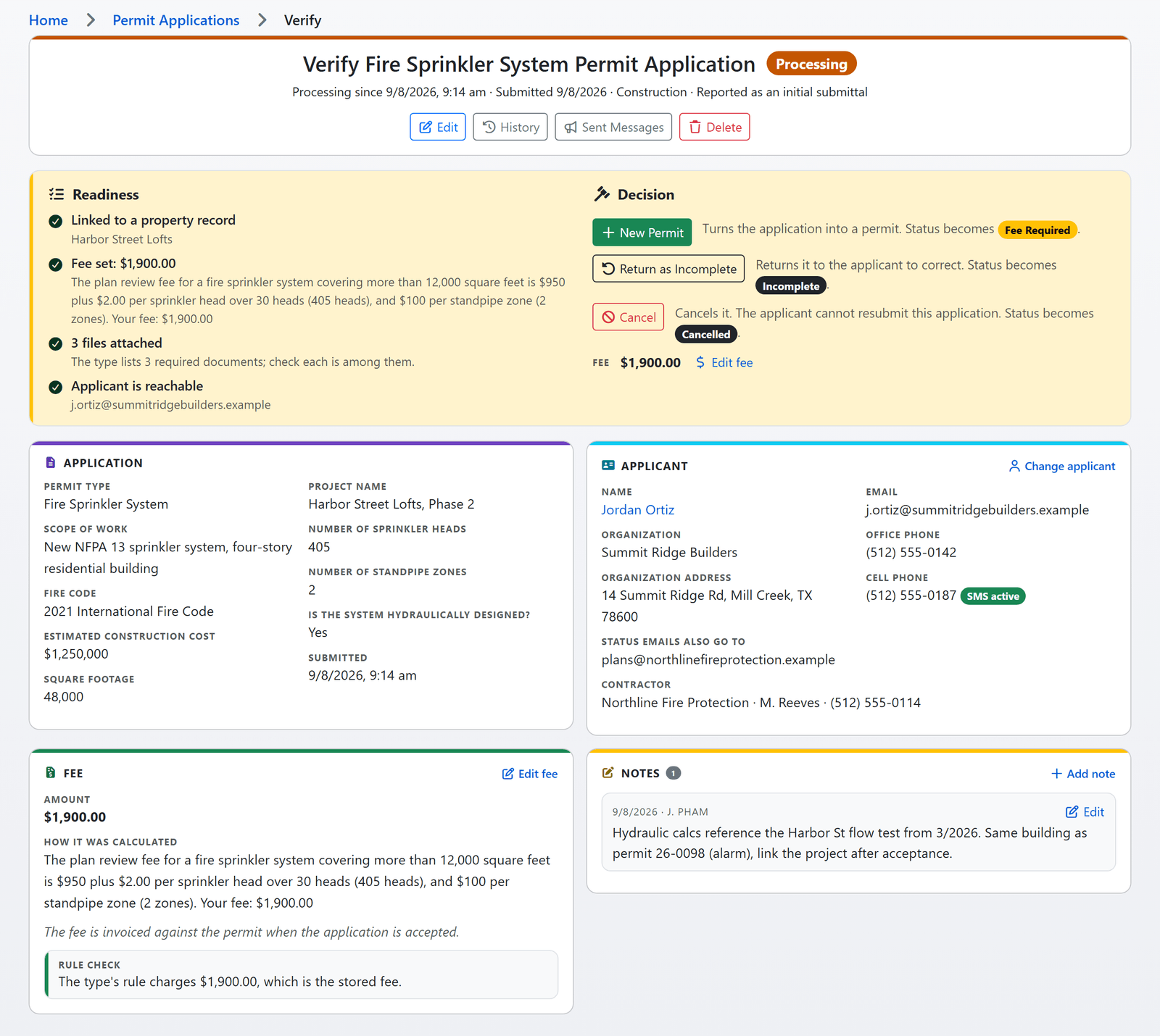 The permit application verify page: a readiness list confirming the property link, the fee, the files and the applicant, the decision buttons with the status each lands in, and a fee card whose rule check confirms the stored fee against the type's own rule (sample data)
