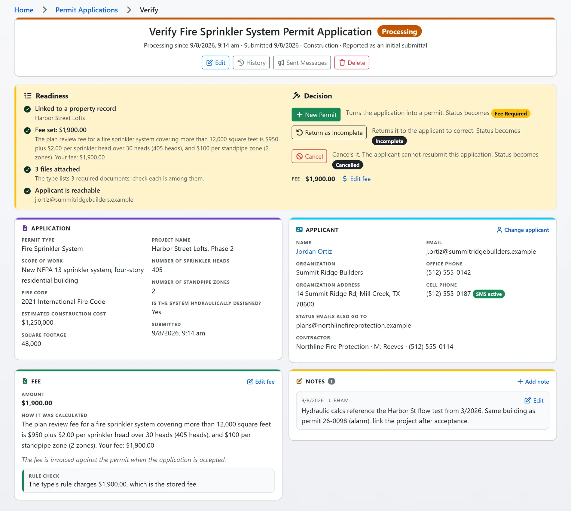 The permit application verify page: a readiness list confirming the property link, the fee, the files and the applicant, the decision buttons with the status each lands in, and a fee card whose rule check confirms the stored fee against the type's own rule (sample data)