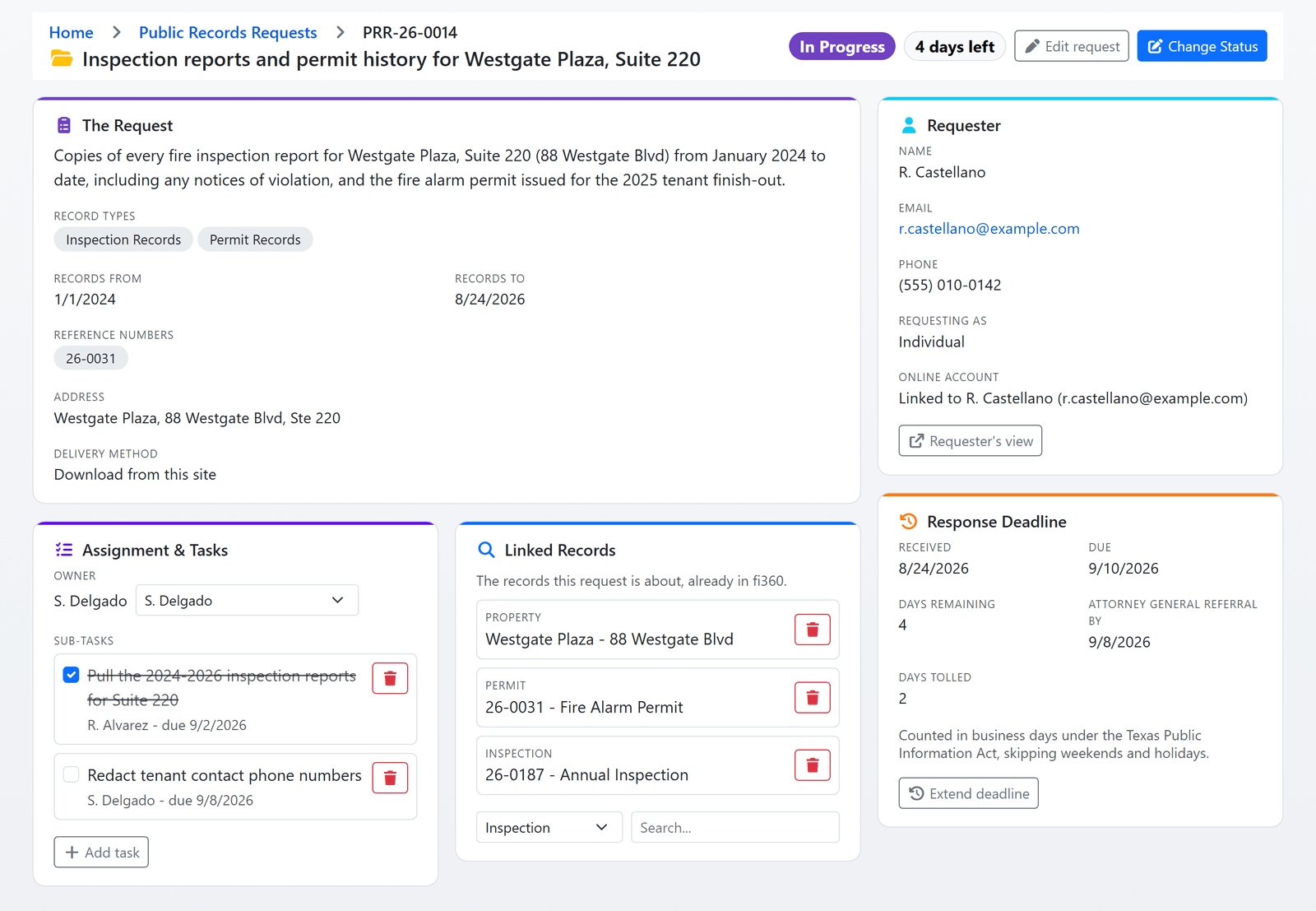 A public records request in FireInspection360: what was asked, who is asking, the response deadline with days remaining and days tolled, the owner and sub-tasks, and the linked inspection, permit and property records (sample data)