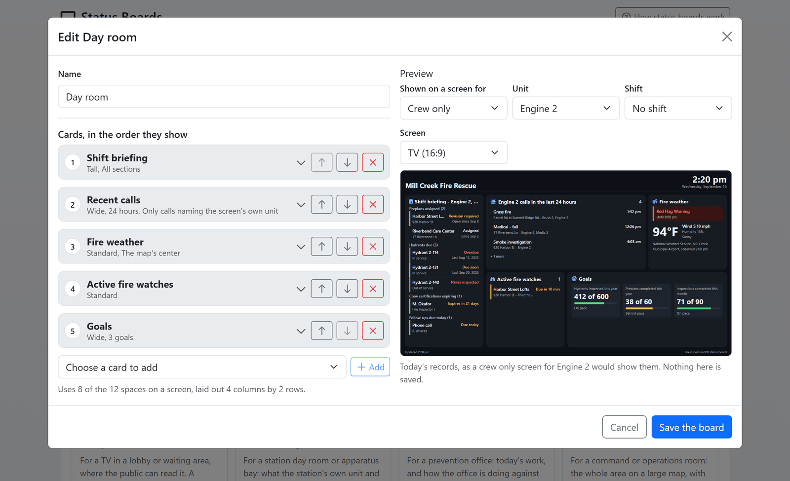 The board editor on the Status Boards page: five cards in order with each card's size and options folded to one line, the space they take on a screen, and a live preview of the board as a crew screen for Engine 2 would show it (sample data)